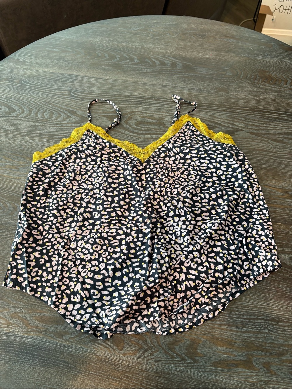 Victoria's Secret Black and White Leopard Satin Cami with Yellow Lace